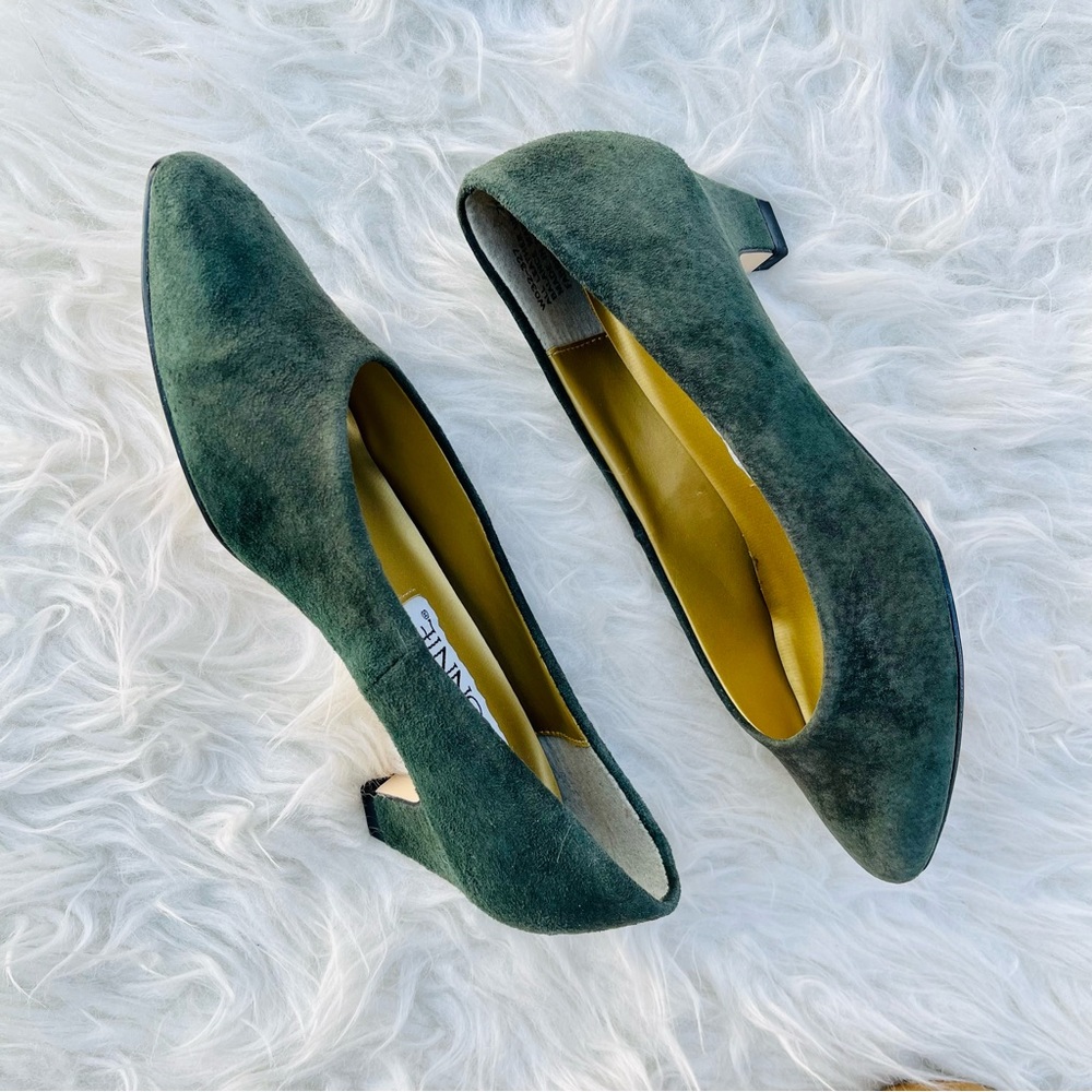 Connie Vintage Olive Green Suede Almond Toe Low Heel Pump